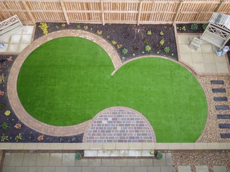 Circular Garden Patio, Small Minimalist Garden Ideas, Circle Lawn Landscape Design, Curvy Garden Design, Circular Lawn Garden Design, Garden Circle Ideas, Oval Garden Design, Circle Garden Ideas, Long Garden Design Layout