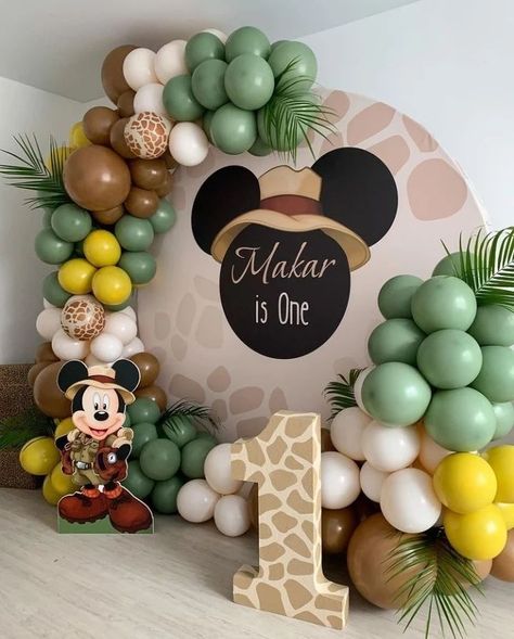 1st Birthday Decorations Ideas, Mickey Mouse Safari Backdrop, Mickey Safari Backdrop, Mickey Safari First Birthday, 1st Bday Decoration Ideas, Baby Party Ideas 1st, Mickey Mouse Safari Birthday Party Ideas, Baby Boy Birthday Themes First, Mickey Safari Birthday Decorations