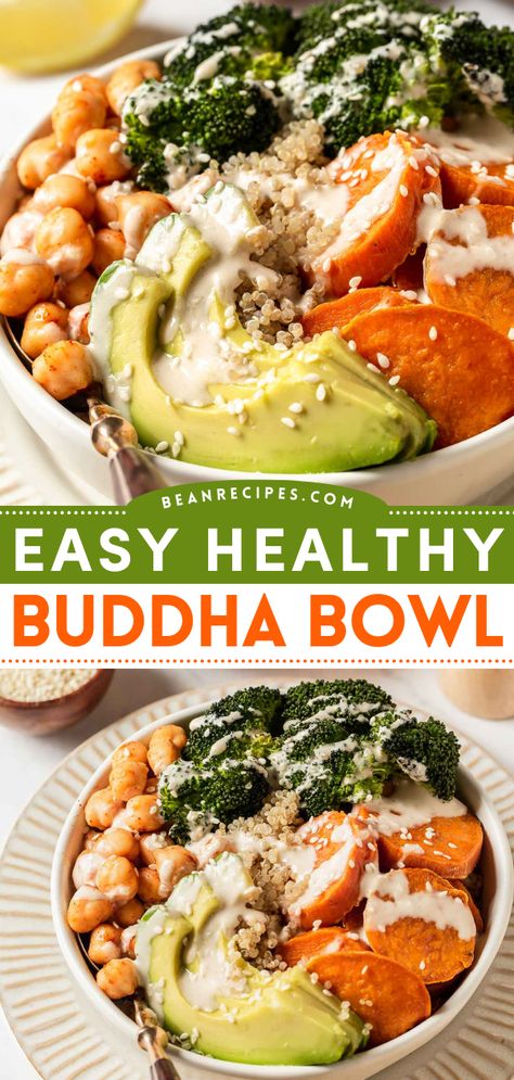 Looking for a simple chickpea recipe for dinner? This healthy buddha bowl recipe is just the thing for you! A simple vegetarian recipe, it combines grains, protein, veggies and a yummy sauce to make a hearty and vibrant dish. Pin this healthy lunch idea! Chickpea Buddha Bowl Recipe, Simple Power Bowls, Grain And Bean Bowls, Garbanzo Bean Bowl, Simple Buddha Bowl, Vegan Protein Bowl Recipes, Easy Buddha Bowl Recipe, Grain Bowls Vegetarian, Veg Bowls Healthy Recipes