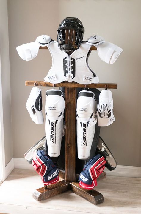 End the scourge of dreaded hockey stench by making a hockey equipment drying rack! Hockey Equipment Drying Rack, Hockey Equipment Storage, Hockey Drying Rack, Sports Equipment Organization, Hockey Diy, Hockey Crafts, Sports Equipment Storage, Hockey Bedroom, Hockey Room