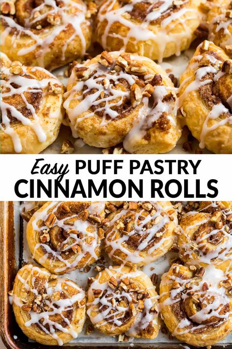 These easy Puff Pastry Cinnamon Rolls use puff pastry instead of regular yeast dough for quick, easy cinnamon rolls that taste absolutely delicious! Simple to prepare and everyone loves them. Top with cream cheese or vanilla glaze for a fast, sweet treat! Freezer friendly, so this recipe is also a perfect make ahead breakfast for Christmas, holidays, and brunches! #puffpastry #cinnamonrolls #easybreakfastrecipes #wellplated via @wellplated Dessert Recipes Cinnamon, Quick Easy Cinnamon Rolls, Recipes Cinnamon Rolls, Puff Pastry Cinnamon Rolls, Pastry Cinnamon Rolls, Puff Pastry Cinnamon, Easy Puff Pastry Recipe, Puff Pastry Recipes Dessert, Easy Cinnamon Rolls