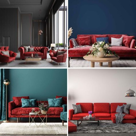 different room designs with red couch Red Couch Living Room Ideas Rustic, Red Couch Wall Color, Wall Color For Red Couch, Decor With Red Couch, Red Chesterfield Sofa Living Room Ideas, Living Room Designs Red Couch, Red Couch Aesthetic, Red Leather Sofa Living Room Ideas, Red Couches Living Room Decor