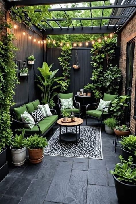 Summer Patio Aesthetic, Moody Patio, Indoor Patio Ideas, Narrow Patio Ideas, Tiny Patio Ideas, Condo Patio, Cozy Patio Ideas, Small Patio Ideas Townhouse, Apartment Porch