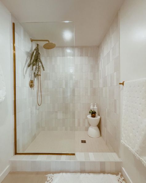 Screen Shower Door, Bathrooms Walk In Showers, Small Spa Master Bath, Tile Glass Shower Ideas, Spa Inspired Bathroom Tile, Bathroom With Same Floor And Shower Tile, Glass Shower Tiles, Bathroom Remodel Moody, Gold Shower Screen