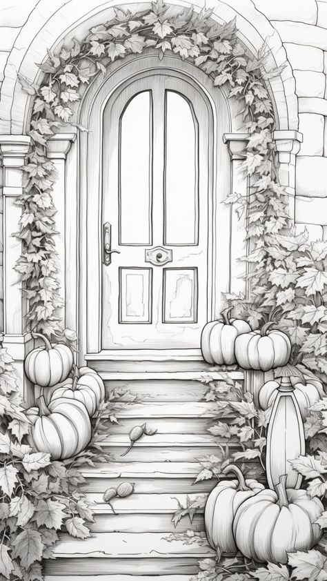 50 Fall Coloring Pages For Adults, Free Printables, Autumn, Front Door Coloring Page, Interior Adult Fall Coloring Pages, Fall Coloring Pages For Adults, Acorn Art, Autumn Front Door, Free Adult Coloring Printables, Fall Coloring, Adult Colouring Printables, Farm Animal Coloring Pages, Detailed Coloring Pages