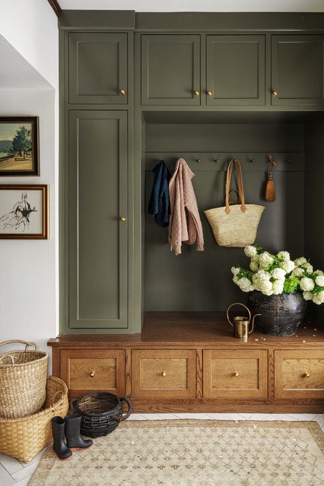 Historical Craftsman Project - Collected Living Design Boot Room Lockers, Art Nouveau Farmhouse, New England Mudroom, Creative Mudroom Ideas, Vintage Farmhouse Mudroom, Mushroom Entryway, Olive Mudroom, Craftsman Interior Design Kitchen, Equestrian Home Aesthetic