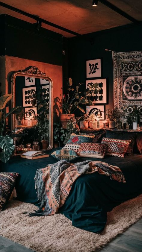 A cozy and stylish black boho-inspired bedroom, beautifully captured in a photo. The room features warm, dim lighting with a blend of dark and earthy tones. The bed is draped with an assortment of colorful patterned throw pillows, while a large, ornate mirror reflects the room's cozy ambiance. The walls are adorned with an eclectic mix of black and white framed art and a bohemian-style tapestry. A variety of potted plants add life to the space, and a soft, plush rug covers the floor., photo Bedroom With Tapestry Ideas, Dark Boho Chic Bedroom, Earthy Dark Academia Bedroom, Emo Boho Bedroom, Studio Apartment Aesthetic Dark, Cozy Dark Boho Bedroom, White Witch Bedroom, Black Eclectic Bedroom, Boho Bedroom Dark Wood