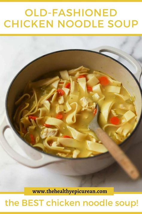 A side shot of a pot of chicken noodle soup. Simple Soups, Best Chicken Noodle Soup, Stove Top Recipes, Chicken Noodle Soup Homemade, Noodle Soup Recipes, Soup Recipes Chicken Noodle, No Calorie Foods, Chicken Noodle Soup, Healthy Soup Recipes