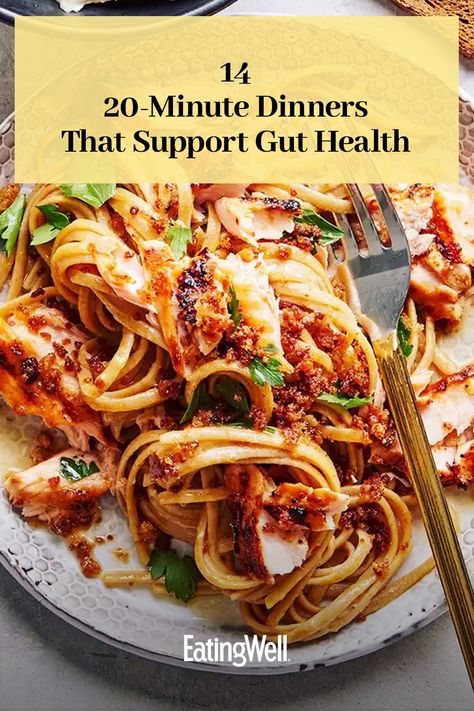 All it takes is 20 minutes or less to make one of these easy, fast gut healthy dinner recipes. High fiber recipes like our Bean & Veggie Taco Bowl and Walnut-Rosemary Crusted Salmon are healthy and delicious choices that will help keep you feeling good. and help your digestion  #dinner#dinnerideas#supperideas#dinnerrecipes#healthydinnerideas#healthydinnerrecipes#healthyrecipes Meals For Digestive Health, Foods For Easy Digestion, Gut Health Dinner Ideas, Dinners Good For Gut Health, Dinner Recipes For Gut Health, Meals For A Healthy Gut, Easy Healthy Hearty Meals, Gentle Foods For Stomach, Meals For Digestive Issues