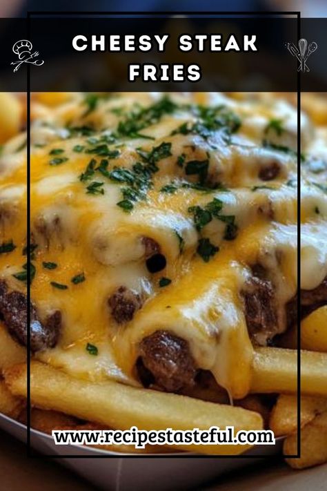 Satisfy your cravings with these irresistible cheesy steak fries, loaded with juicy steak bits and smothered in melted cheese, garnished with fresh parsley for a perfect finish. Steak Fries Recipe, Steak Bits, Loaded Fries Recipe, Cheese Fries Recipe, Steak Stirfry Recipes, Fried Steak Recipes, Crispy Fries, Loaded Fries, Fries Recipe