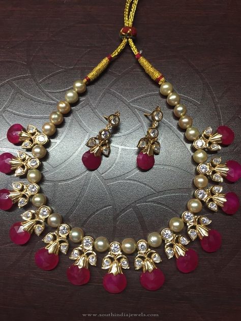 Pearl Ruby Necklace Designs, Pearl Necklace with Rubies, Indian Pearl Necklace Designs. Ruby Necklace Designs, Pearl Necklace Designs, Beaded Necklace Designs, Black Beaded Jewelry, Wedding Jewellery Collection, Art Necklaces, Indian Necklace, The Necklace, Gold Jewellery Design Necklaces