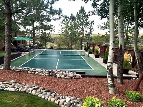 Fun Backyards, Backyard Pickleball Court, Tennis Court Backyard, Outdoor Sports Court, Backyard Court, Spike Ball, Basketball Court Backyard, Backyard Sports, Backyard Basketball