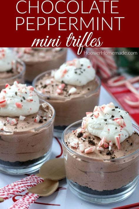 Chocolate Peppermint Mini Trifle | Easy No Bake Christmas Dessert #christmasdessert #chocolatepeppermint #chocolatetrifle #minitrifle #minichristmasdessert #quickchristmasdesserts Christmas Eve Desserts Easy, Chocolate Peppermint Trifle, Individual Christmas Desserts, Mini Trifle Desserts, Mini Christmas Desserts, Trifle Easy, Quick Christmas Dessert, Mini Trifles, No Bake Christmas