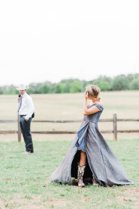 Boots And Ballgowns, Formal Dress With Cowboy Boots Long, Prom Cowboy Boots, Cowboy Boots With Prom Dress, Country Prom Photos, Western Prom Photoshoot, Cowboy Prom Pictures, Prom Dresses With Cowgirl Boots, Western Hoco Dress With Boots