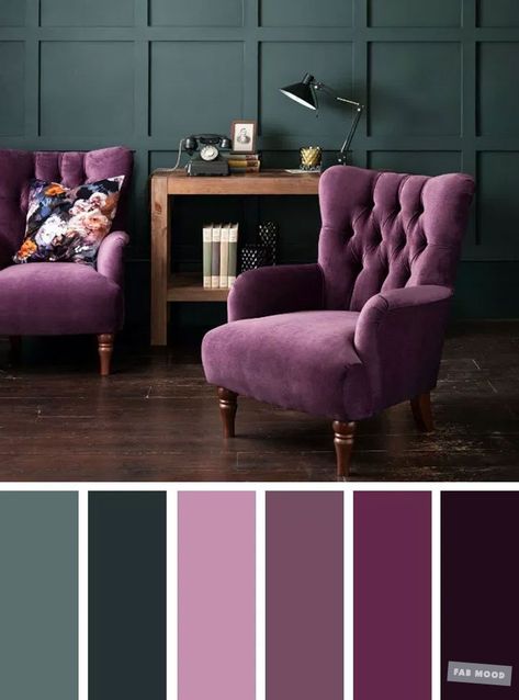 The Best Living Room Color Schemes – Dark Green & Purple - Fabmood | Wedding Colors, Wedding Themes, Wedding color palettes Violet Living Room, Vintage Living Room Design, Good Living Room Colors, Design Ložnic, Purple Living Room, Minimalist Dekor, Furnitur Ruang Keluarga, Living Room Color Schemes, Trendy Living Rooms