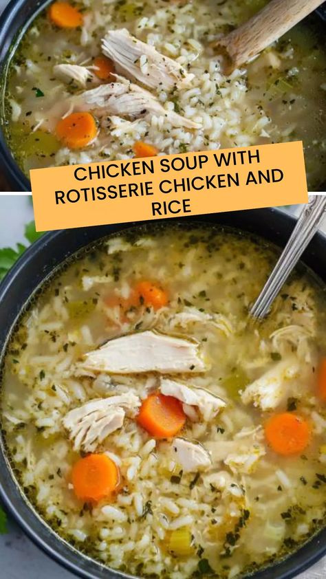 Enjoy a comforting chicken soup with rotisserie chicken and rice, a hearty recipe packed with tender chicken, vegetables, and flavorful broth. Chicken Soup With Rotisserie Chicken, Rotisserie Chicken And Rice, Soup With Rotisserie Chicken, Chicken Broth Recipes Soup, Rotisserie Chicken Recipes Healthy, Crockpot Rotisserie Chicken, Hearty Chicken Soup, Chicken Broth Soup, Rotisserie Chicken Soup