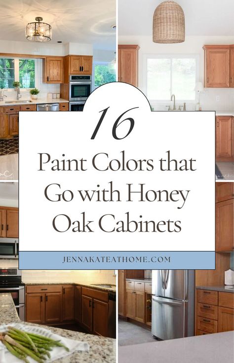 Looking for paint colors that go with honey oak? Whether it's for trim, wood, or cabinets, here are the best paint colors to go with honey oak cabinets. If you're updating an oak kitchen, discover what color to paint kitchen walls with honey oak cabinets and find the perfect wall paint colors to complement oak cabinets in your home. Update Kitchen With Oak Cabinets, Paint Kitchen Walls, Modern Kitchen Oak Cabinets, Painting Honey Oak Cabinets, Oak Kitchen Cabinets Wall Color, Updating Oak Cabinets, Honey Oak Trim, Oak Bathroom Cabinets, Oak Wood Trim