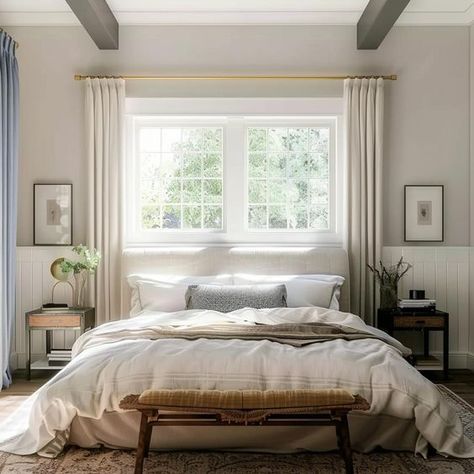 49 Stylish Window Behind Bed Ideas - DecorWithEva White Bed White Curtains, Master Bedrooms Decor Cozy Window Behind Bed, Bedroom Windows Above Bed, Window With Bed Design, Horizontal Bedroom Window, Small Bedroom Window Ideas Curtains, Bedroom Idea With Window Behind Bed, Window Behind Master Bed, Bed Underneath Window