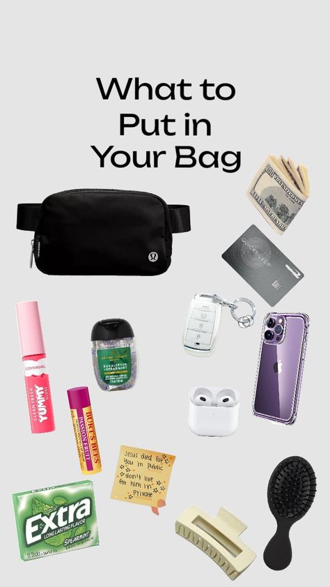 Credit if you wanna reshare 🤍 Thing to put in your bag [not only belt bags]💐 Things To Keep In School Bag, What To Keep In Your Belt Bag, What To Put In Your Belt Bag, What To Keep In Your Purse, What To Put In Your Purse, Middle School Essentials, School Backpack Essentials, Everyday Bag Essentials, Essential Pouch