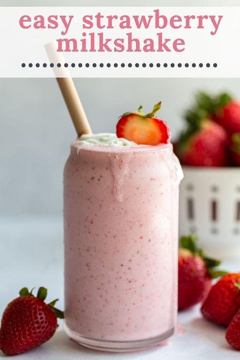 This easy Strawberry Milkshake comes together with just THREE simple ingredients and about 5 minutes. So thick and creamy! Strawberry Ice Cream Milkshake, Healthier Milkshake, Strawberry Shake Recipe, Strawberry Milkshake Recipe, Milkshake Recipe Strawberry, Fruit Milkshake, Strawberry Banana Milkshake, Plant Based Dessert Recipes, Healthy Milkshake