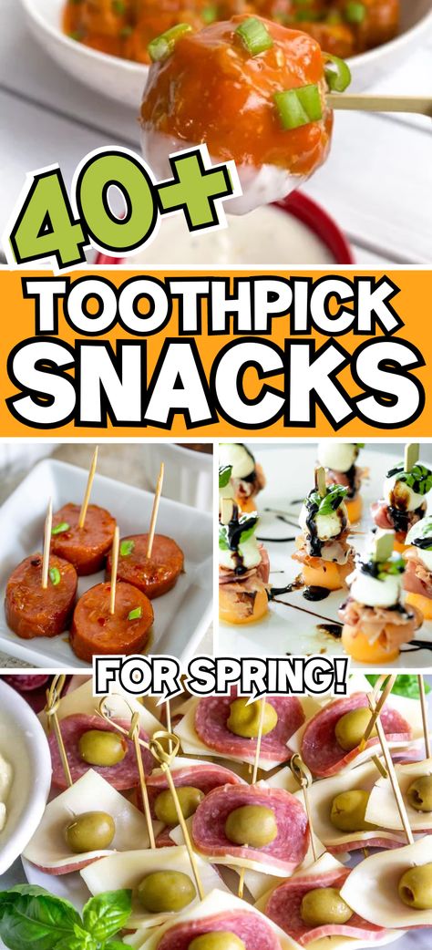 Toothpick appetizers or mini kabobs are one of my favorite kinds of finger foods to serve at any cocktail party. Well search no further! Here is a delicious list of skewered appetizers that are super fun to eat and best of all, versatile! Snacks And Appetizers Finger Foods, Tiki Party Finger Foods, Tooth Pick Snacks, Grape Appetizers Finger Foods, Shooter Food Ideas, Finger Food Veggie Appetizers, Easy Creative Appetizers, Cucumber Bites Appetizers Cream Cheeses, Pickle Bites Appetizers