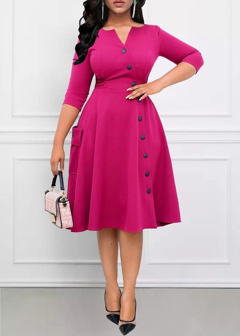 ROTITA Breathable Hot Pink Split Neck Dress | Rotita.com - USD $36.98 Pink Dress Suit Women, Office Clothes Women Casual, Casual Dress For Summer, Office Clothing For Women, Clothing Collection Ideas, Already Made Gown Styles, Plus Size Church Outfits Black Women, Flay Gown Styles, Office Gowns For Women