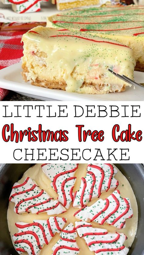 Indulge in the ultimate holiday dessert with the Little Debbie Christmas Tree Cake Cheesecake. A luscious Golden Oreo crust serves as the perfect foundation for this decadent delight. Nestled within is a layer of iconic Little Debbie Christmas Tree Cakes, adding a whimsical touch and nostalgic flavor. The creamy homemade cheesecake filling provides a velvety texture and rich taste that perfectly complements the cake layer. Little Debbie Christmas Tree Snack Cake Cheesecake, Little Debbie’s Christmas Tree Cake Cheesecake, No Bake Little Debbie Cheesecake, Little Debbie Christmas Tree Cheesecake Recipes, Little Debbie Tree Cheesecake, Christmas Tree Cake Dessert Ideas, Homemade Christmas Tree Cakes, Little Debbie Cheesecake Christmas Tree, Little Debbie Christmas Cheesecake