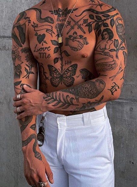 Male Tattoo Models, Tattooed Arms Man, Men’s Sticker Sleeve Tattoos, Heavily Tattooed Guys, Hot Male Tattoos, Fully Tattooed Man, Bad Guy Tattoo, Sticker Tattoo Men, Bad Boy Tattoo Ideas