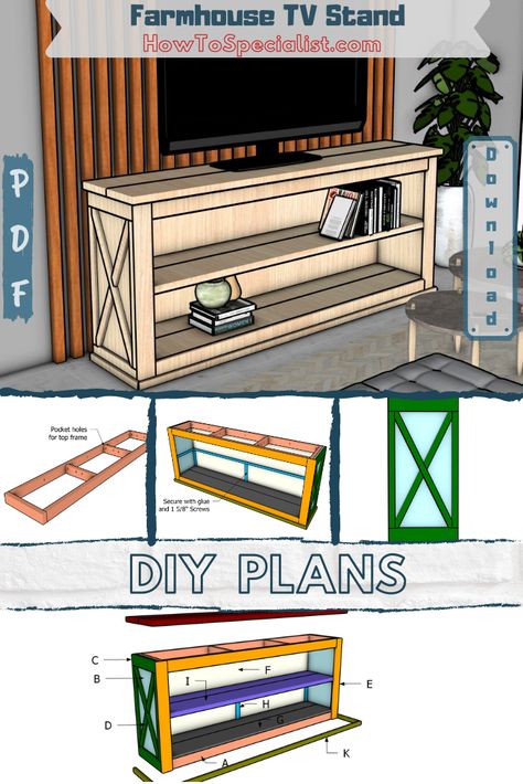 Farmhouse TV Stand – Free Plans | HowToSpecialist.com Diy Farmhouse Tv Stand, Tv Stand Ideas Diy, Diy Tv Stand Ideas Easy, Bookshelf Tv Stand Diy, Diy Rustic Tv Stand Farmhouse Style, Tv Stand Plans Farmhouse, Tv Stand Blueprints, Wood Tv Stand, Tv Stand Diy