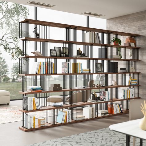 Mylotus-Home Antique Walnut Color Display and Storage Iron Bookshelves - 86.2" H x141" W x11.8"D - Bed Bath & Beyond - 39904400 See Thru Shelves, Open Bookcase Wall, Book Shelves High Ceiling, Wall Storage For Office, Half Wall Shelving, Feature Wall Shelves, Bookshelves Full Wall, Storage Divider Wall, Bookshelves Partition