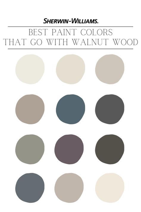 10 BEST Sherwin Williams Paint Colors That Go With Walnut Wood - NISH Natural Wood Color Paint, Dining Room Paint Color Ideas With Dark Furniture, Paint Colors That Go With Dark Walnut Stain, Walnut Furniture Color Palette, Paint Colors To Compliment Dark Wood, Dark Walnut Trim Interior, Warm Paint Colors Sherwin Williams, Walnut Color Combination, Sherwin Williams Paint Colors With Dark Wood Trim