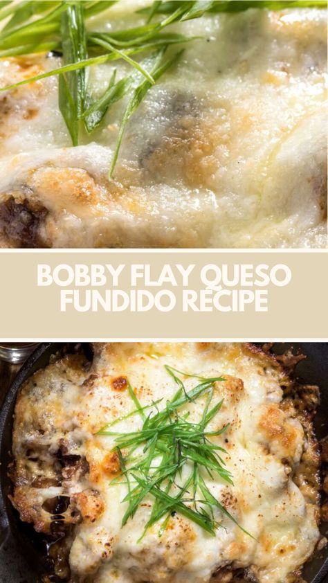 Bobby Flay Queso Fundido recipe is made with white wine, mozzarella, Monterey jack, goat cheese, poblano peppers, Spanish chorizo, roasted garlic, salt, pepper, flour tortillas, and blue corn tortilla chips. It takes around 30 minutes to make and serves 6 people. Cheese Poblano Peppers, Spicy Queso Dip, Queso Fundido Recipe, Fundido Recipe, Spicy Queso, Spanish Chorizo, Bobby Flay Recipes, Roasted Poblano Peppers, Queso Fundido