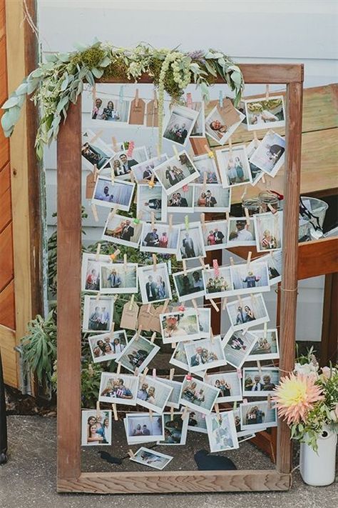 Fabulous wedding photo display ideas for your reception. See more decorating ideas at www.yourweddingcompany.com Rustic Wedding Decorations, Hiasan Perkahwinan, Photo Collage Diy, Polaroid Wedding, Wedding Photo Display, Collage Foto, Deco Champetre, Diy Photo, Wedding Deco