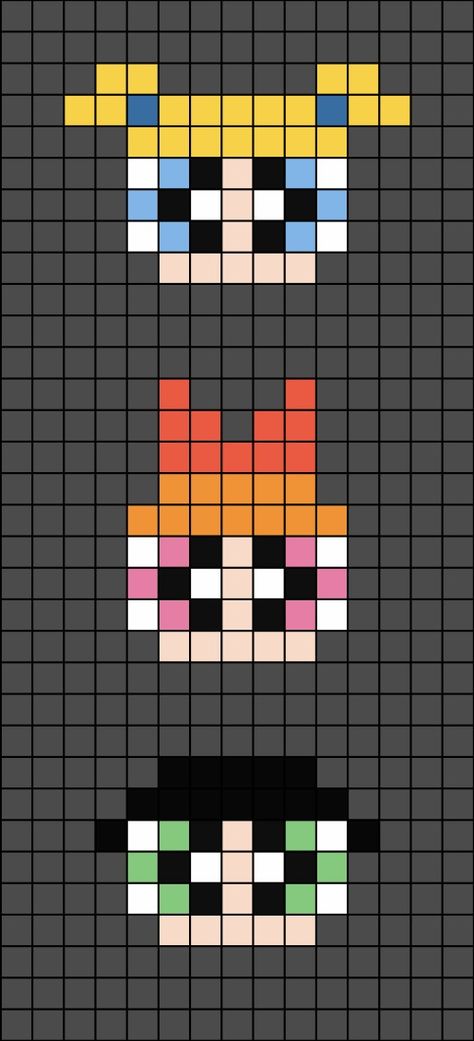 A small pixel art template of the Power-puff Girls' faces.

From the bottom: Buttercup, Blossom and Bubbles. Pixel Art Animals, Image Pixel Art, Graph Paper Drawings, Easy Pixel Art, Pixel Art Templates, Pixel Drawing, Pix Art, Pixel Art Grid, Graph Paper Art