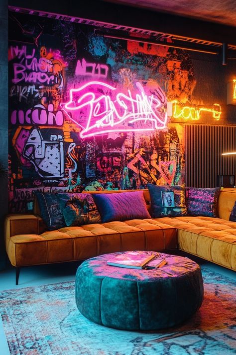 Unique Bar Ideas For Home, Cyberpunk Diy Decor, Space Themed Restaurant, Funky Interior Design Eclectic, Cyberpunk Set Design, Cyberpunk Theme Room, Cool Diy Decor, Cyberpunk Home Decor, Content Room Ideas Aesthetic