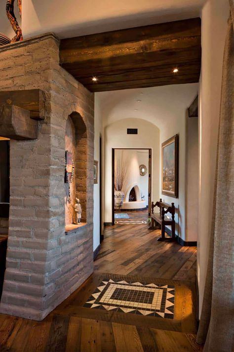 Adobe House Interior, Southwest Interior Design, Adobe Brick, Southwest Interior, Southwest Style Home, Arizona Decor, Hallway To Bedrooms, New Mexico Homes, Adobe Home