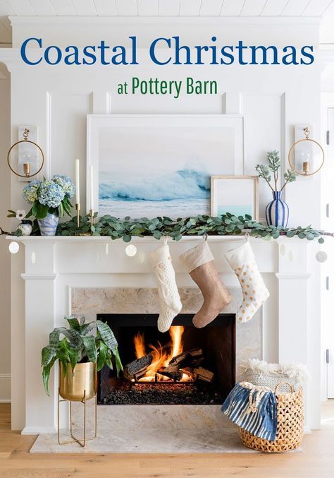 Coastal Christmas Ideas from Pottery Barn Pottery Barn Christmas Tablescapes, Southern Coastal Christmas Decor, Nantucket Christmas Decor, Winter Beach House Decor, Coastal Christmas Mantle Decor, Coastal Grandmother Christmas Decor, Beach House Christmas Decor Outdoor, Coastal Christmas Living Room, Costal Christmas Decor House