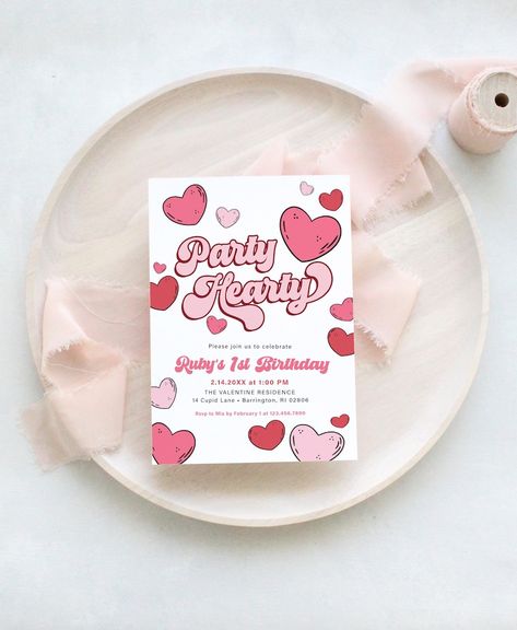 Valentines Birthday Invitations, Heart Birthday Invitations, Party Hearty Birthday, Valentines Day Invite, Valentines Party Invite, Valentines Day Birthday Party For Girl, February Birthday Themes, February Party Themes, Heart Themed Birthday Party