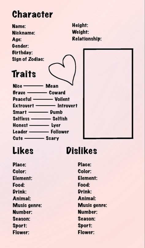 Say stuff about your character or irl person idk Personality Sheet Template, Personality Oc Ideas, Different Kinds Of Characters, Oc Fact Sheet, Personality Chart Character, Fpe Character Chart, Oc Personality Chart Template, Oc Character Chart, Character That Represents Me