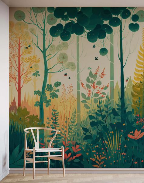 Mural Wallpaper Forest, Hand Painted Woodland Mural, Forest Mural Painting, Forest Wall Mural Painted, Forest Mural Bedroom, Children Room Wall Painting, Fun Wall Painting Ideas Creative, Mural Ideas Creative, Bird Room Ideas