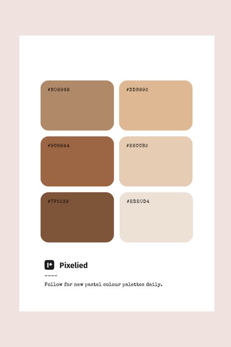 This brown color palette ranges from deep, rich chocolate tones to soft, creamy beige hues. These versatile shades add warmth, depth, and a natural elegance to any design, making them perfect for illustration, branding, typography, and web UI. Biscuit Color Palette, Pastel Brown Color Palette, Pastel Brown Palette, Brown Color Palette Combination, Beige And Brown Color Palette, Soft Brown Color Palette, Milk Tea Color Palette, Brown Color Palette Aesthetic, Brown Pallete Color