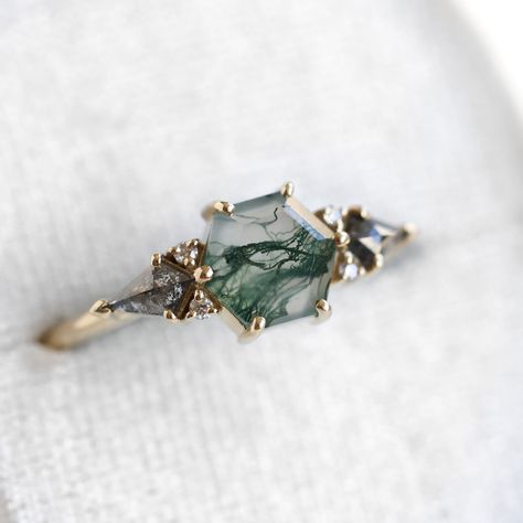 Moss Agate Hexagon Ring, Salt And Pepper Ring, Agate Wedding Ring, Boho Engagement Ring, Western Rings, Hexagon Ring, Dream Rings, Hexagonal Ring, Mushroom Ring