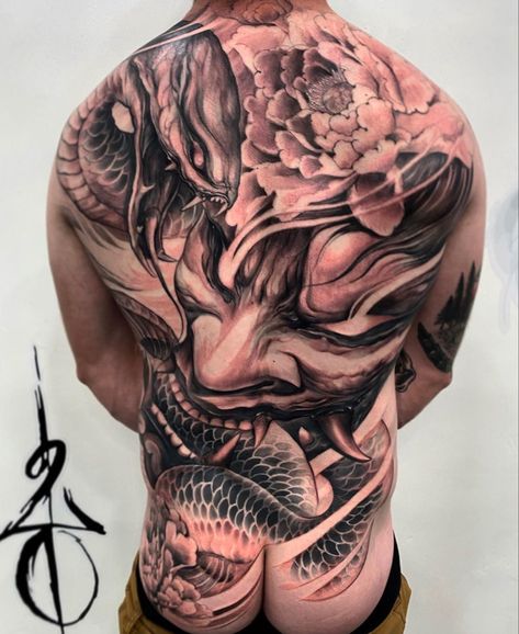 Oni Mask With Snake Tattoo, Oni Mask Snake Tattoo, Oni Mask Full Back Tattoo, Oni Mask Chest Tattoo, Oni Tattoo Back, Oni Mask Tattoo Back, Oni Mask Back Tattoo, Oni Back Tattoo, Japanese Hand Tattoos