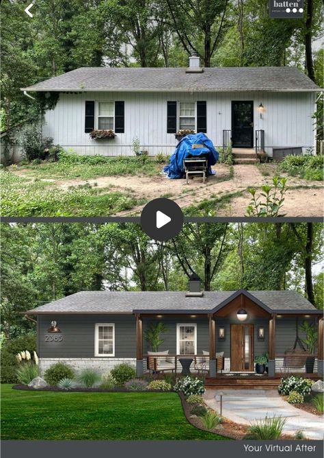 Front Of House Transformation, Small Painted Brick House Exterior, Rambler Remodel Before And After, Before And After Exterior Paint, 1970 Ranch House Exterior Update, 1970s Ranch House Remodel, Ranch Home Renovation, 1950s Ranch Remodel, 1960s Ranch House