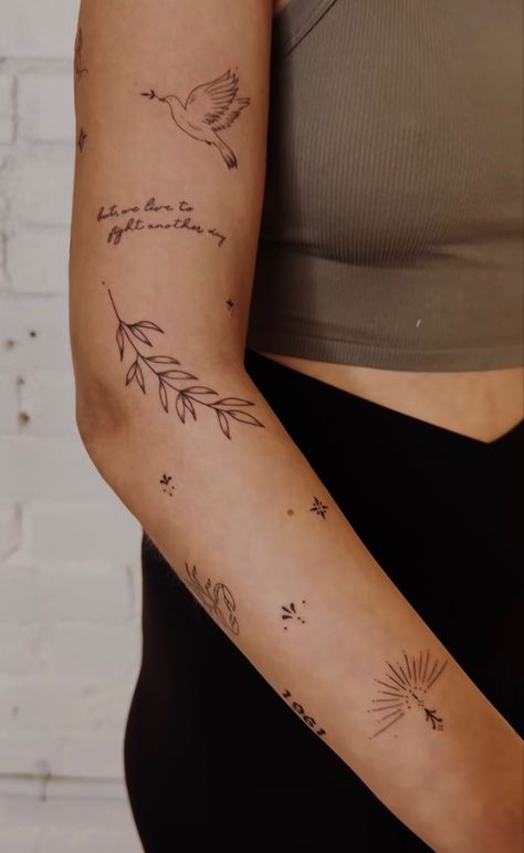 Sleeve Small Tattoos For Women, Dainty Arm Sleeve Tattoos For Women, Woman’s Patchwork Sleeve Tattoo, Word Tattoo Sleeve, Sticker Tattoo Women, Feminine Sticker Sleeve, Minimal Tattoo Sleeve Woman, Tattoo Ideas Sticker Sleeve, Patches Tattoo Design Women