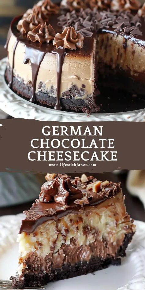 German Chocolate Mini Cheesecakes, Chocolate Bavarian Cheesecake, German Choc Cheesecake, Cheesecake And Cake Recipes, Birthday Cake With Cheesecake Layer, Lemon Drop Cheesecake, German Chocolate Cheesecake Easy, Chocolate Pecan Cheesecake, German Chocolate Cheesecake Cake