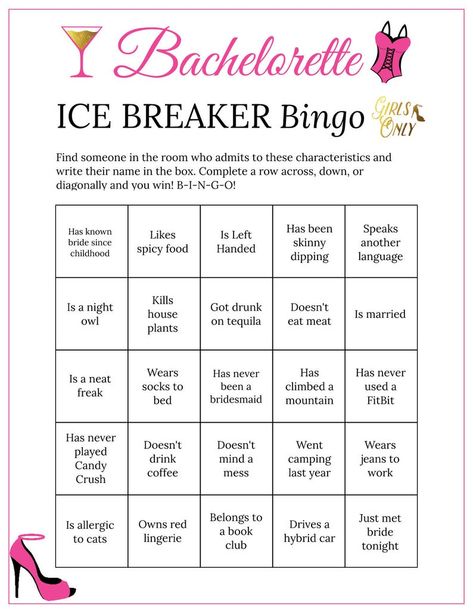 20 Bachelorette Party Game Ideas That Are Actually Fun! - Pyaari Weddings Bachelorette Party Bingo, Ice Breaker Bingo, Bachelorette Diy, Bingo Card Template, Bridal Party Games, Bachelorette Party Weekend, Bridal Shower Planning, Bingo Cards Printable, Diy Bachelorette Party