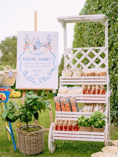 charming "Italian market" with delicious guest gifts for a destination wedding's welcome party guests to choose from Italian Bridal Showers, Villa Cimbrone, Ravello Italy, Italian Party, Italian Theme, Bridal Shower Inspo, Italian Market, Welcome Party, Hotel Villa