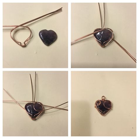 Heart Stone Jewelry, Wrap Heart Stone, Heart Crystal Necklace Diy, Wire Wrapping A Heart Shaped Stone, Small Wire Wrapped Stone, Wire Wrapped Jewelry Heart, Wire Heart Pendant, Wired Stone Jewelry, How To Wire Wrap Heart Shaped Stones