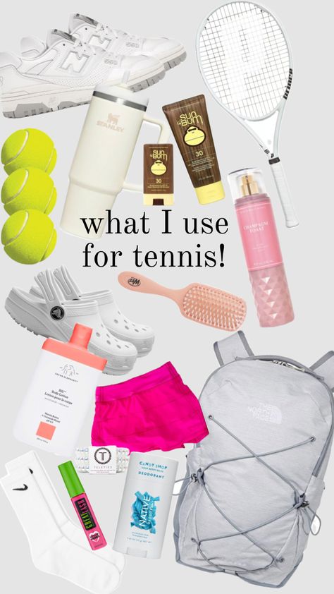 what I use for tennis! 🎾🛍️ What To Keep In Your Tennis Bag, What To Put In Your Tennis Bag, What To Put In Tennis Bag, Tennis Coach Outfit, Tennis Bag Essentials List, Tennis Must Haves, Cute Tennis Outfit Aesthetic, Cute Tennis Fits, Tennis Inspired Outfit